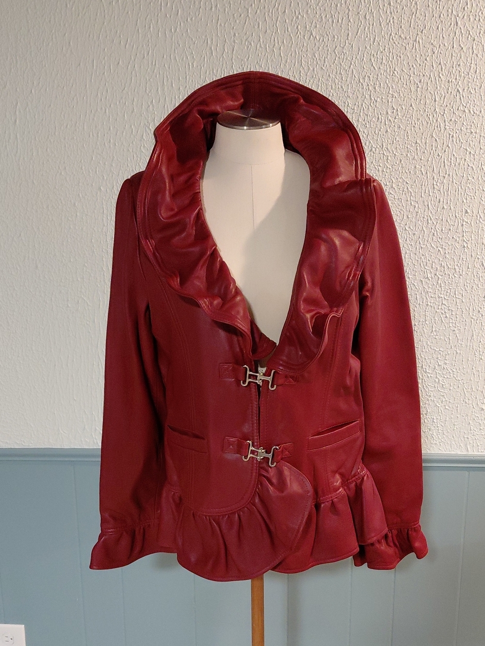 Women's Burgundy Ruffle Leather Jacket